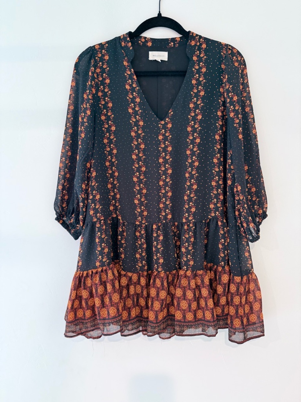 Melloday Floral Tiered V-Neck Boho Festival Mini Dress in Black and Rust